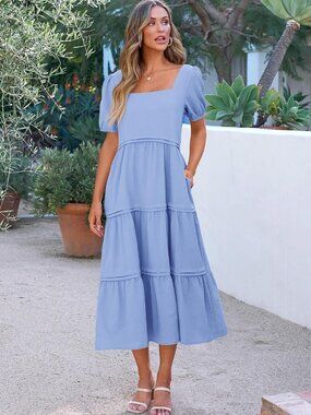 Kirundo Blue Square Neck Puff Sleeve Tiered Maxi Dress Size L